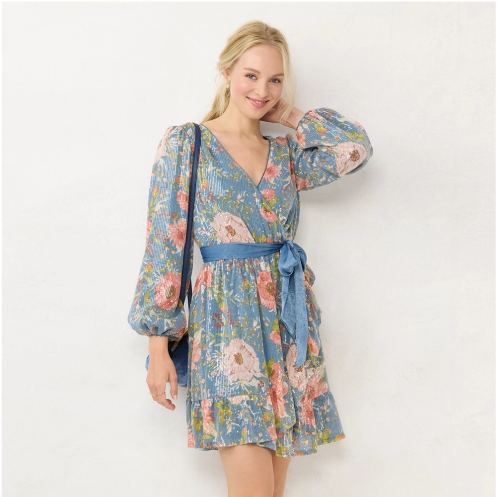 LC Lauren Conrad Faux Wrap Fit and Flare Sequin Peony print dress size Small